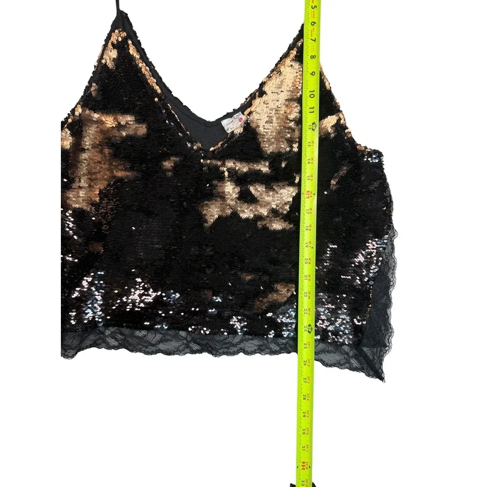Intimately Free People Sequin Lace Trim Camisole Top Black Gold Large V-Neck